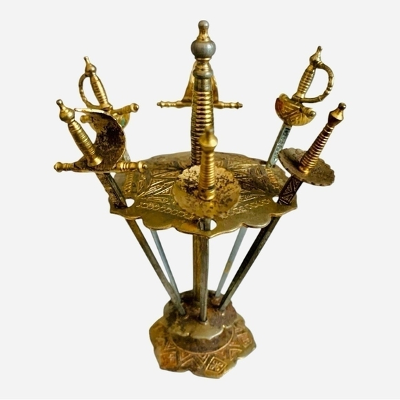 VNTG Spanish Toledo Cocktail Swords Picks Set of 6 Gold Cocktail Picks W/ Stand - Picture 3 of 5